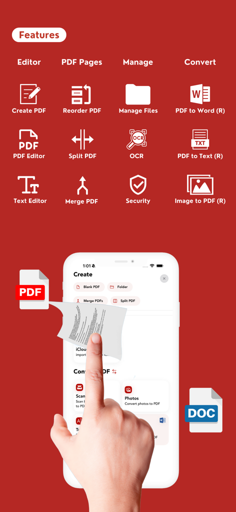 Funciones de la aplicación Editor de PDF, incluidas herramientas de OCR y conversión de archivos en un iPhone.