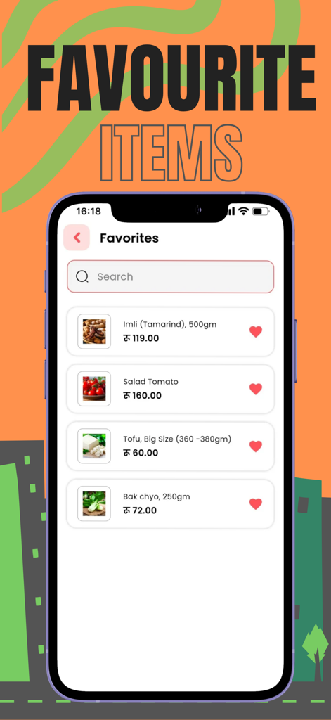 Delli Drop - Delli Drop App-Oberfläche zeigt eine Liste von Lieblings-Lebensmitteln, einschließlich Tamarinde und Tofu