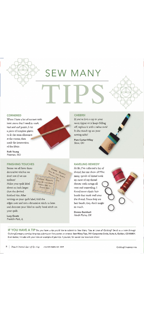 A digital magazine page titled Sew Many Tips featuring various quilting and sewing hacks from community members.