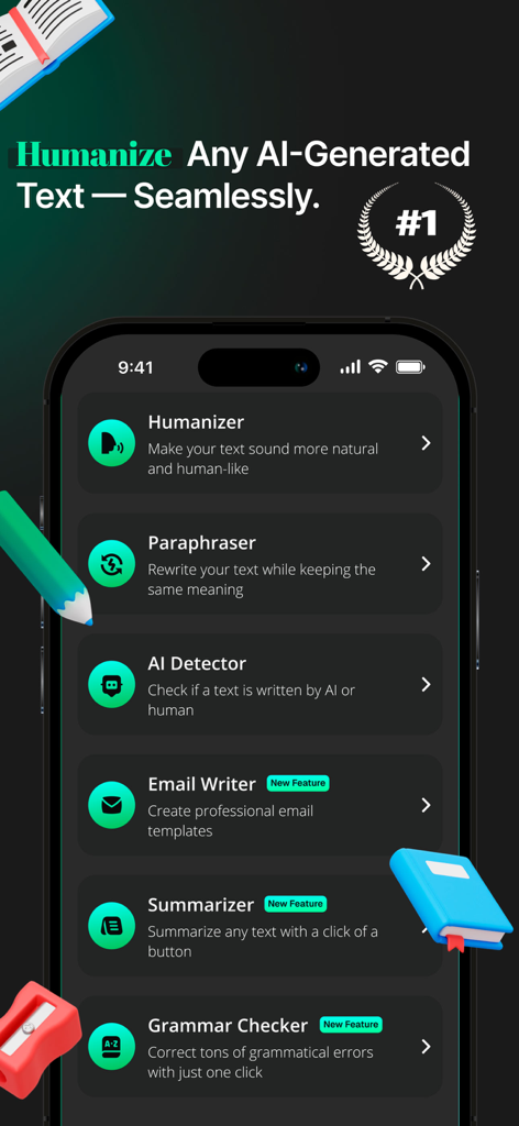 Humbot AI – Humanize AI Text - Humbot AI App-Oberfläche, die Werkzeuge zum Paraphrasieren von Texten und zur KI-Erkennung anzeigt