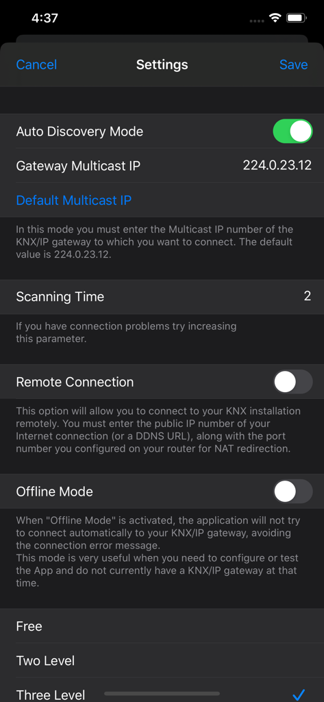 Pantalla de configuración de la aplicación Easy KNX que muestra opciones de descubrimiento de red y configuración de la pasarela