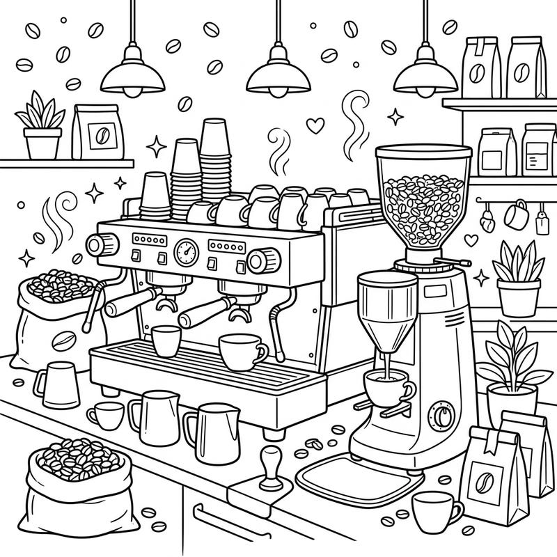 Bring the bustling world of a coffee shop to life with this exciting espresso machine coloring page, specially designed for kids aged 4-8. Featuring detailed grinders and coffee beans, it's a delightful way to explore coffee culture through art.