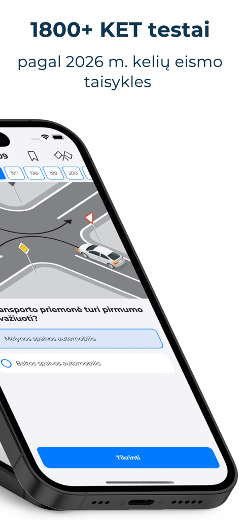 KET bilietai 2026 - Autostart - Interfaccia dell'app del test di teoria della guida KET bilietai 2026 con una domanda sulle norme stradali