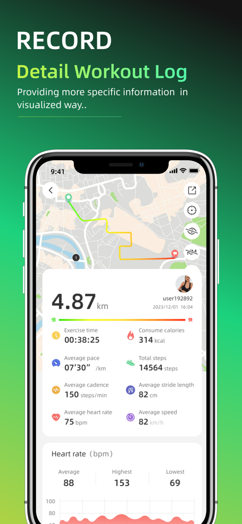 OnWear Pro - Écran de résumé d'entraînement de l'application OnWear Pro affichant une carte GPS et des métriques d'exercice comme les pas et le rythme cardiaque.