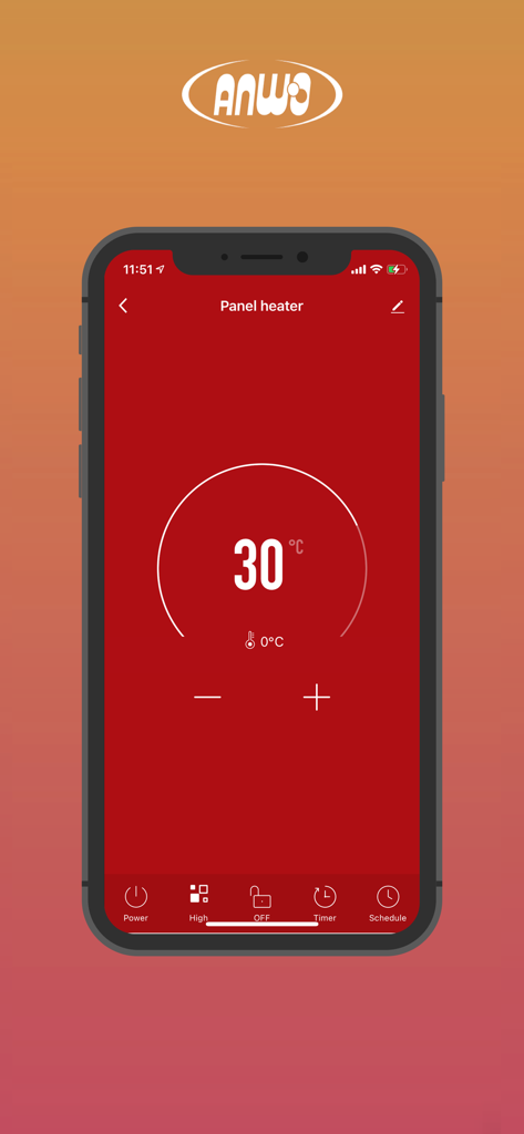 ANWO Home app interface on an iPhone showing remote temperature control for a panel heater set to 30 degrees.