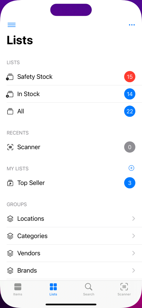 Scan Me - Product WebLink QR - Mobile App-Oberfläche zeigt organisierte Inventarlisten, einschließlich Mindestbestand, Lagerbestand und Produktkategorien