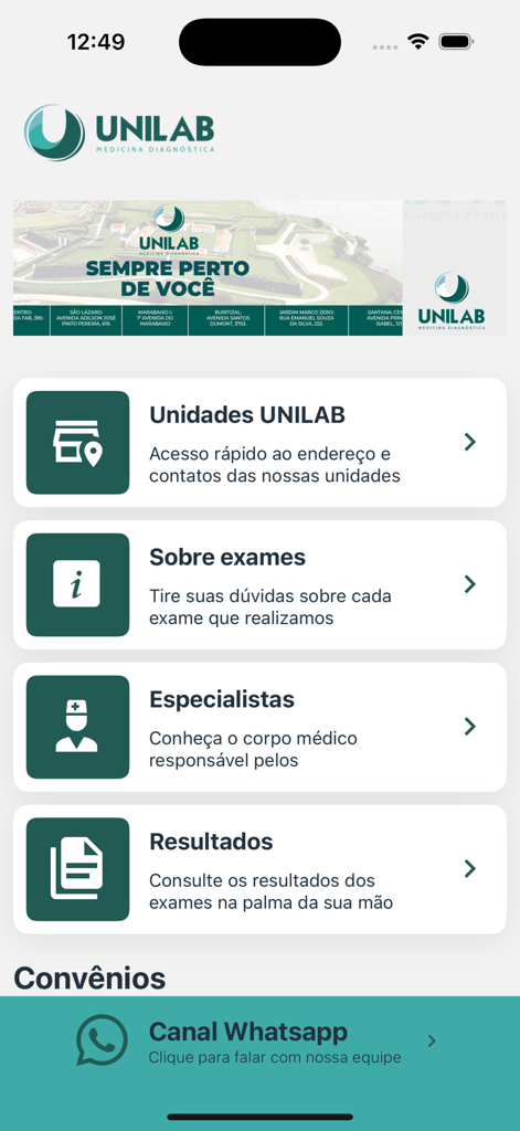 Unilab App - Tableau de bord de l'application médicale Unilab en portugais montrant les options de menu pour les résultats d'analyses, les unités médicales et les spécialités médicales.