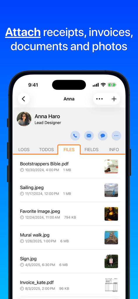 Contacts Journal CRM showing receipts and documents attached to a contact profile