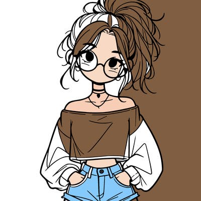 girl with a messy ponytail glasses a baggy crop top and jean shorts