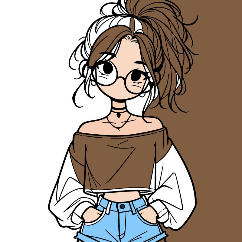 girl with a messy ponytail glasses a baggy crop top and jean shorts
