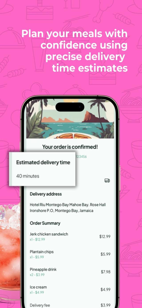 Island Run Delivery app interface showing an order confirmation screen with a 40-minute estimated delivery time.