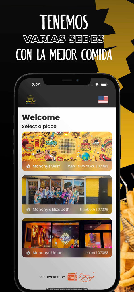 Monchys Fast Food Mobile App Standortauswahlbildschirm mit Filialen in West New York Elizabeth und Union