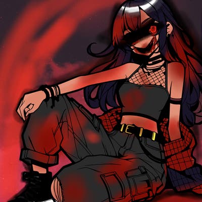 anime girl with a crop top and ripped jeans