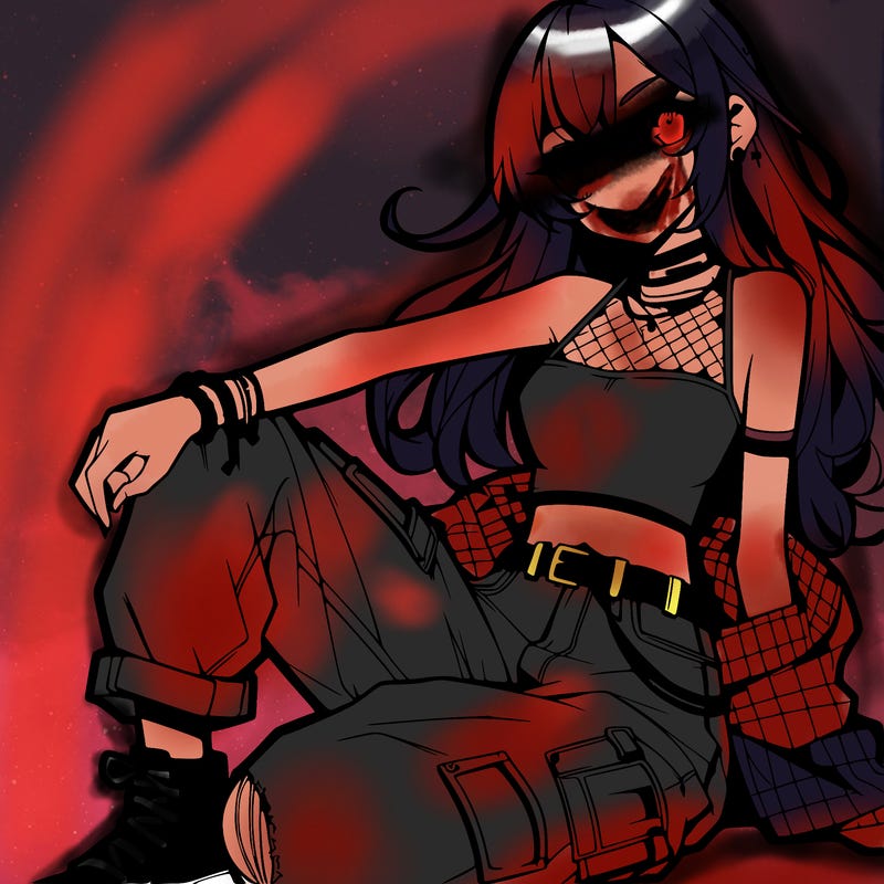 anime girl with a crop top and ripped jeans