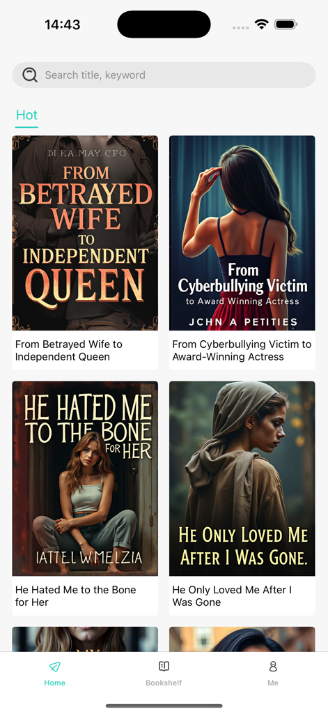 WeyonNovel - Schermata principale dell'app WeyonNovel che mostra una selezione di romanzi di tendenza di genere romantico e drammatico, tra cui From Betrayed Wife to Independent Queen