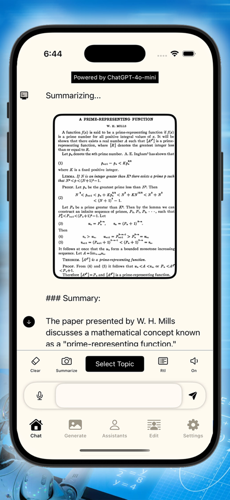 Luna - AI - Interface do aplicativo Luna AI exibindo um resumo automatizado de um artigo de pesquisa acadêmica matemática