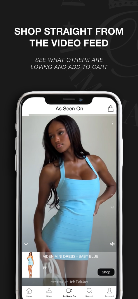 I.AM.GIA US & Canada - I.AM.GIA app showing the Shop the Feed feature with a video of a model in a blue mini dress