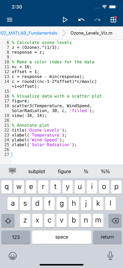 MATLAB Mobile app interface showing a script editor with custom coding keyboard