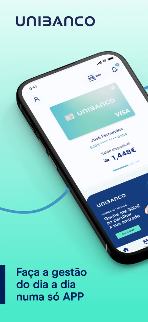 APP UNIBANCO - A smartphone displaying the Unibanco mobile app interface featuring a digital credit card and account balance