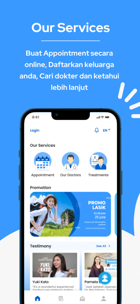 KMN EyeCare (ANJ HealthCare) - Panel de la aplicación móvil KMN EyeCare que muestra opciones para citas, búsqueda de médicos, tratamientos y promociones de LASIK.