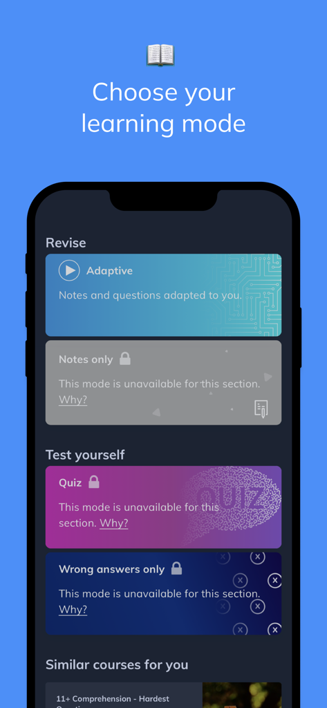 Seneca - Seneca app interface showing different study modes including adaptive revision and quiz options