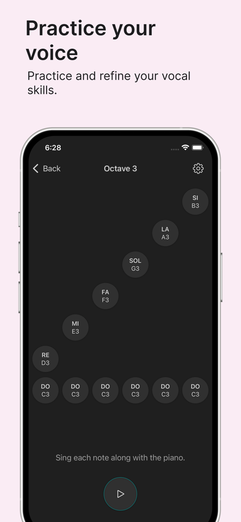 Chord - Voice training interface in the Chord app showing musical notes for singing practice.