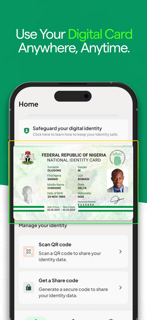 NINAuth - The NINAuth app home screen displaying a digital version of the Federal Republic of Nigeria National Identity Card on a smartphone.