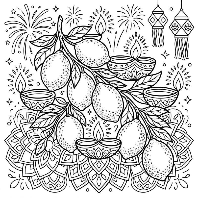 Get ready for a burst of festive creativity with this delightful Diwali coloring page featuring zesty lemons! Designed for kids aged 4-8, it combines traditional Diwali elements with a fun, fruity twist.