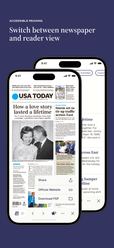 Today's Front Pages - Interface of the Today's Front Pages app showing a newspaper layout compared to an accessible reader view on two mobile phones.