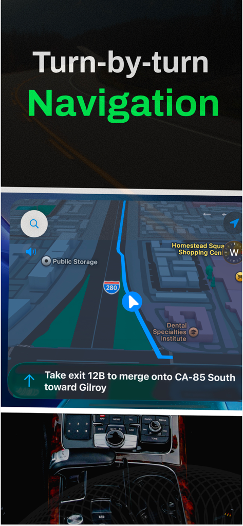 Uma captura de tela do aplicativo Car Play Connect mostrando navegação curva a curva com um mapa de estrada 3D e detalhes do interior do carro.