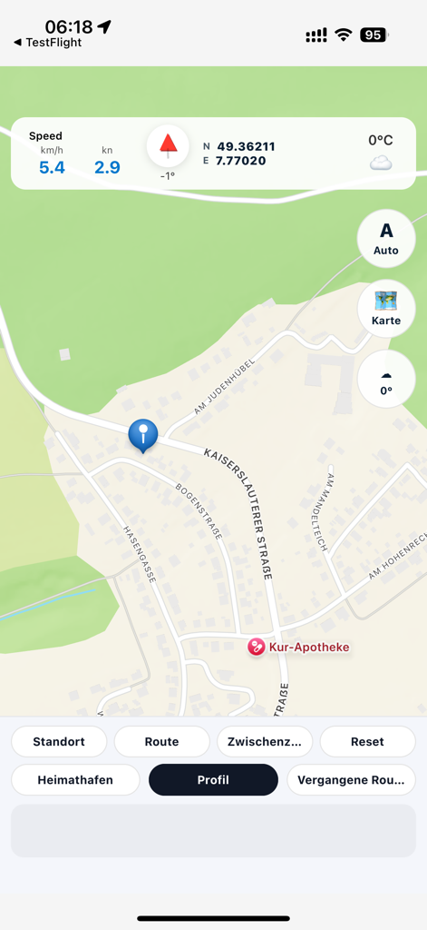 Interfaz del mapa de Davanci Boat Navi mostrando coordenadas GPS en tiempo real, velocidad y rastreo de ubicación