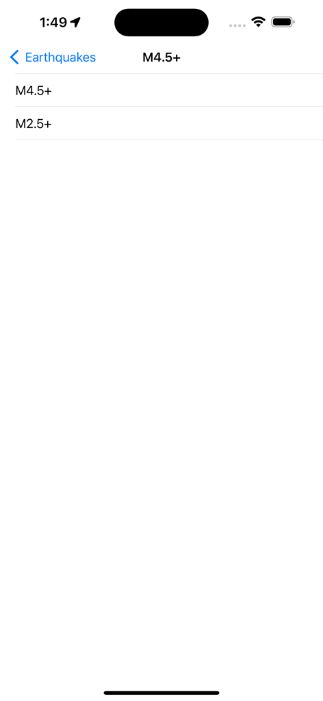 A simple menu screen showing earthquake magnitude filter options for M4.5 plus and M2.5 plus.