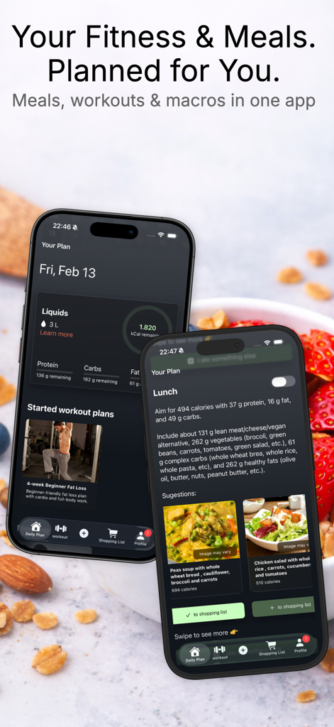 Delicious Fitness - The Delicious Fitness app interface showing a daily nutrition plan with liquid intake macros and meal suggestions for lunch alongside a workout tracking dashboard.