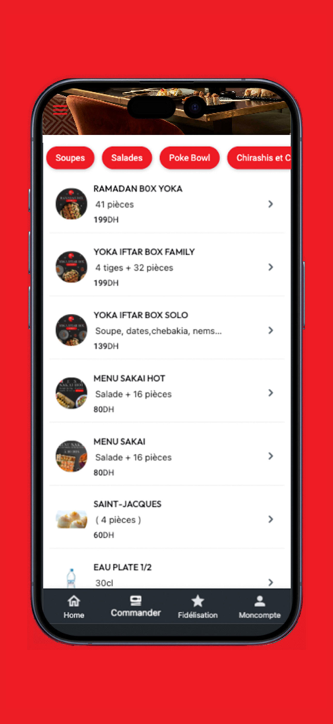Mobile screen showing the Yoka Sushi app menu with sushi boxes and meal sets