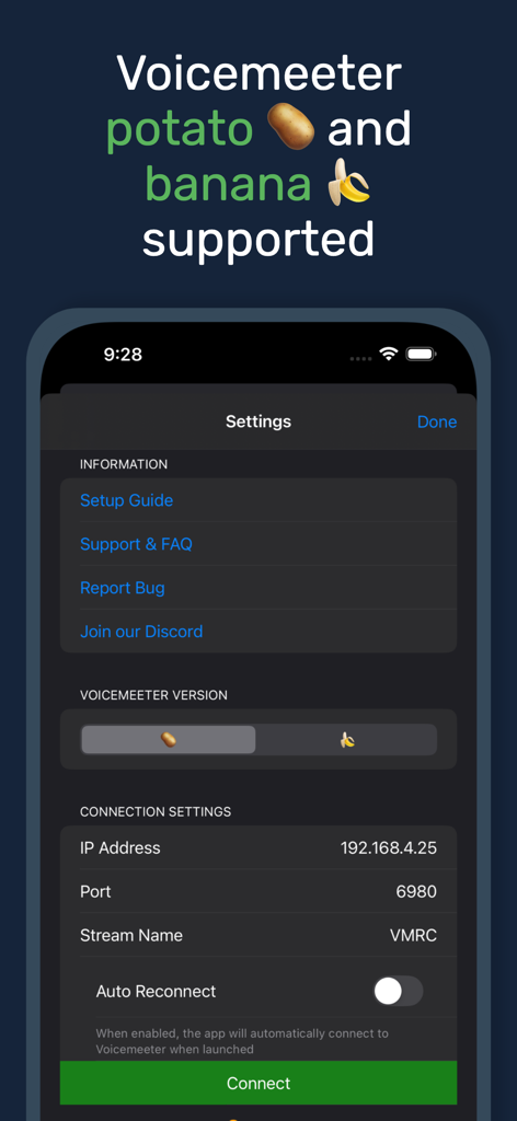 Écran des paramètres de l'application Voicemeeter Remote Control montrant les paramètres de connexion VBAN pour les versions Potato et Banana.