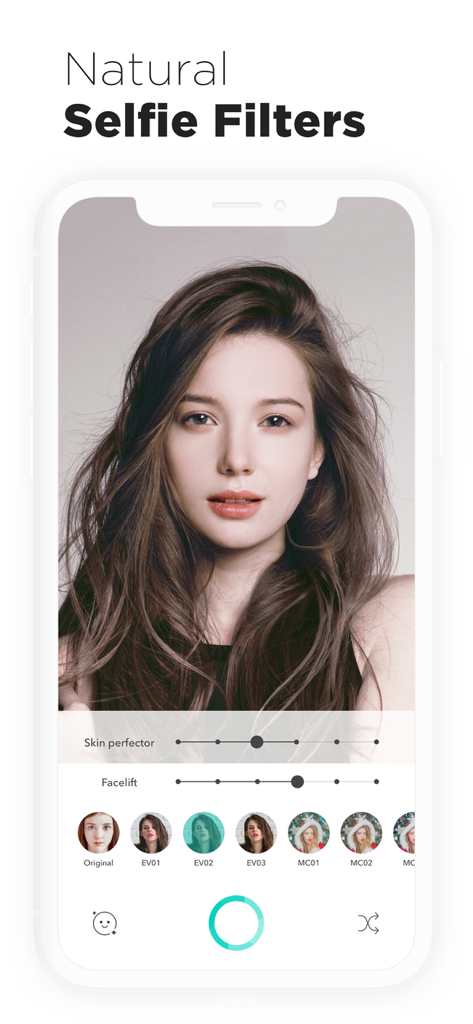 Candy Camera - Candy Camera app interface showing natural selfie filters and real-time beauty editing tools like skin perfector and facelift.