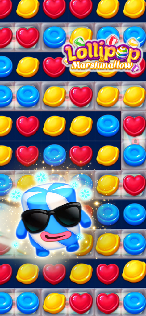 Lollipop2 & Marshmallow Match3 - A colorful match 3 puzzle board with candies and a cool marshmallow character wearing sunglasses