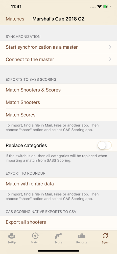 Einstellungen für Synchronisierung und Datenexport von Cowboy Action Shooting Rennergebnissen