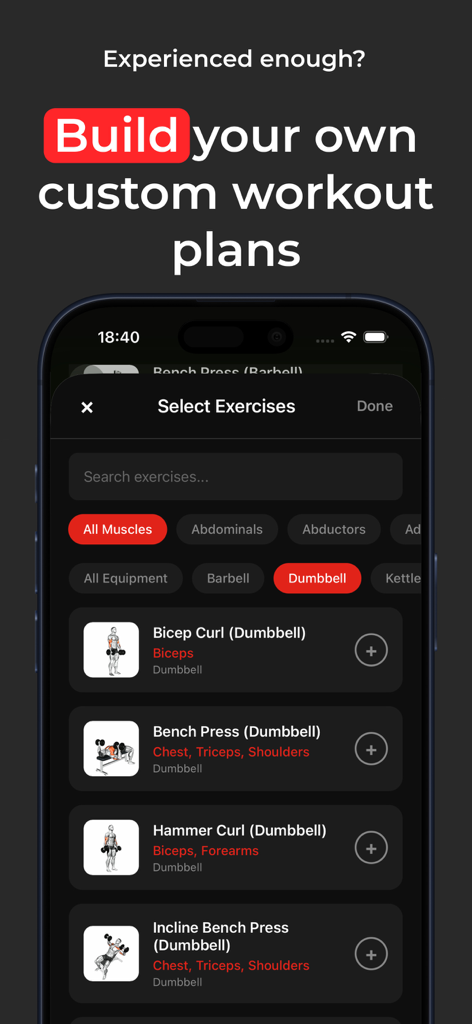 Self Coach Gym Workout Planner - Mobile screen showing the selection of exercises to build a custom gym workout plan