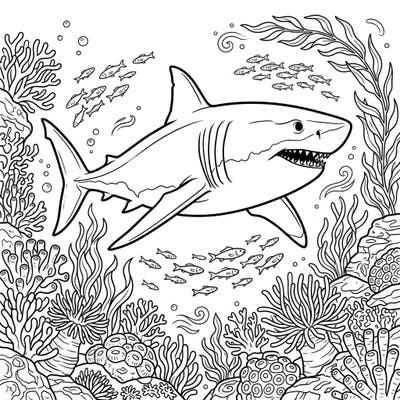 Discover the thrill of the ocean with this intricately detailed Great White Shark coloring page. Explore a vibrant underwater world filled with coral, fish, and marine plants, perfect for coloring enthusiasts of all ages.