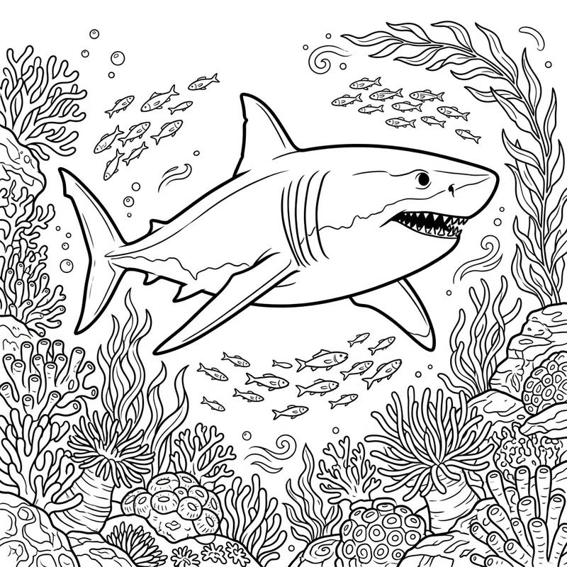 Discover the thrill of the ocean with this intricately detailed Great White Shark coloring page. Explore a vibrant underwater world filled with coral, fish, and marine plants, perfect for coloring enthusiasts of all ages.