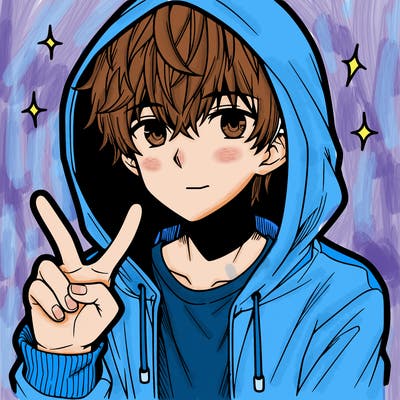 teenage manga boy in a hoodie, doing ✌