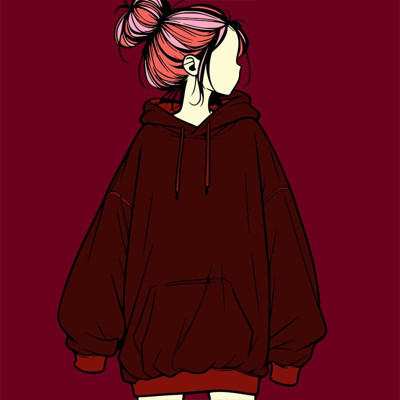 realistic girl with a oversized sweatshirt on and a bun