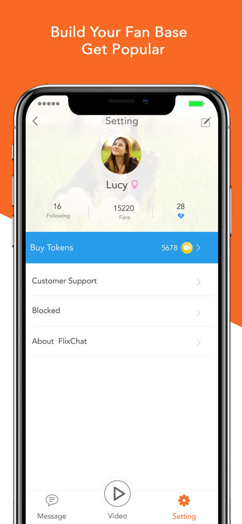 Flixchat - Cool Short Videos - Uma interface de aplicativo móvel do Flixchat mostrando um perfil de usuário com contagem de fãs e opções de configuração.