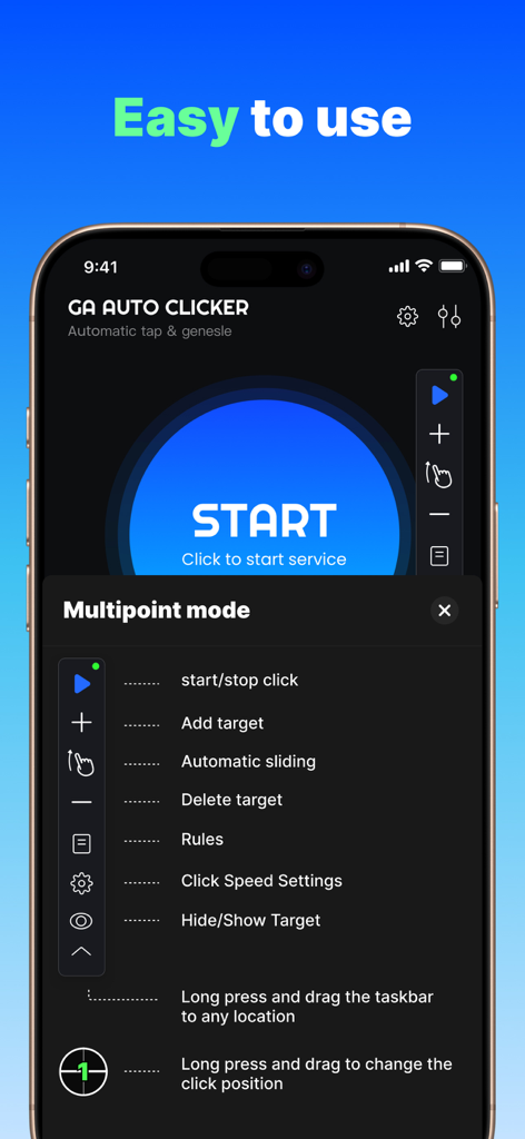 GA Auto Clicker app interface showing multipoint mode configuration and start button