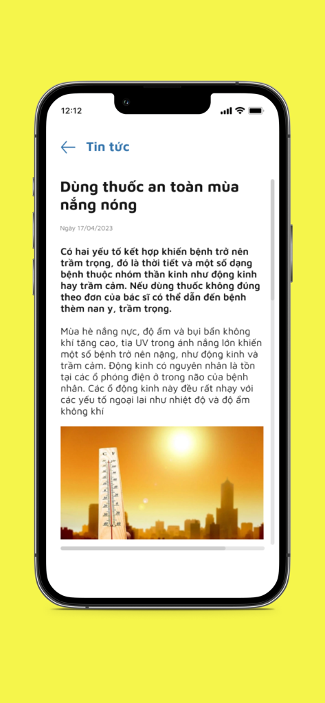 DYM Medical - Ein mobiler Bildschirm, der einen medizinischen Nachrichtenartikel auf Vietnamesisch über die sichere Medikamenteneinnahme bei heißem Wetter in der DYM Medical App zeigt.