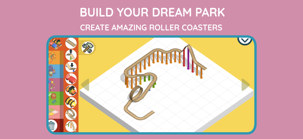 Interface of Pango Theme Park Builder showing a roller coaster track being constructed on a grid