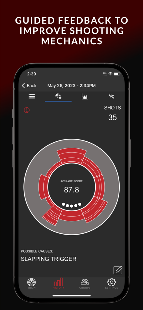 MantisX app displaying shooting mechanics feedback and trigger slap diagnosis.