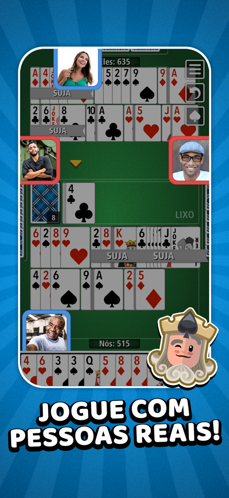 Buraco Jogatina: Jogo de Carta - Buraco Jogatina mobile interface showing online card gameplay with real people avatars