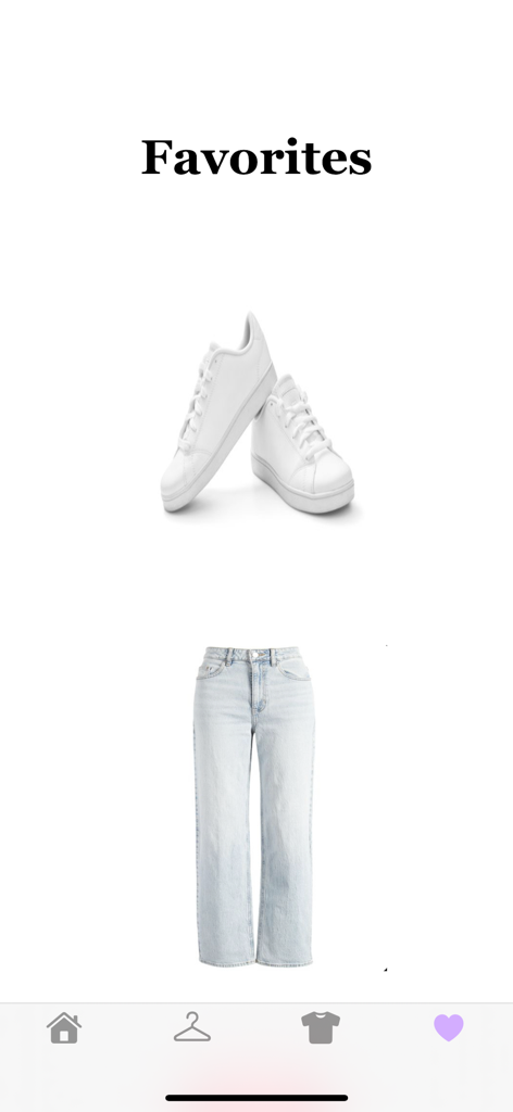 DigitalDresser - DigitalDresser favorites screen displaying saved white sneakers and blue jeans